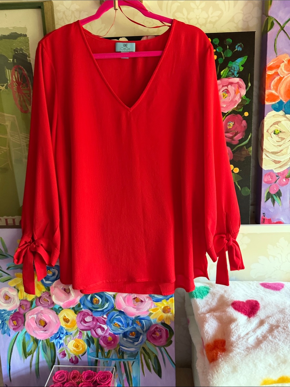 CeCe Red V-Neck Tie-Sleeve Blouse